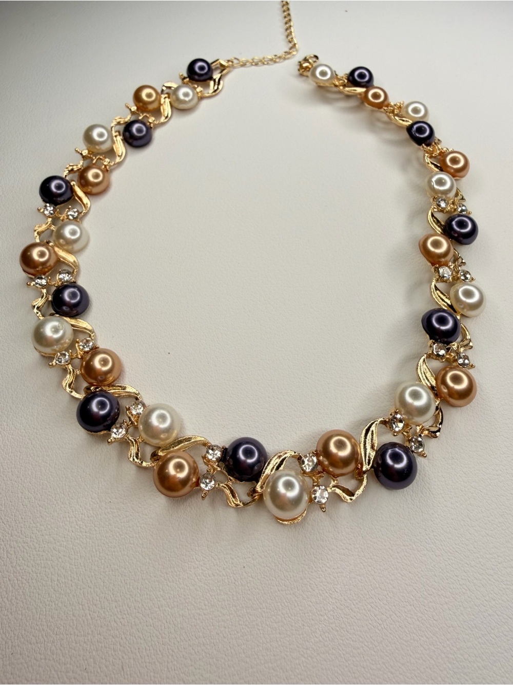 Gold Collar Necklace with Black, White and Champagne Pearls - Picture 6 of 8